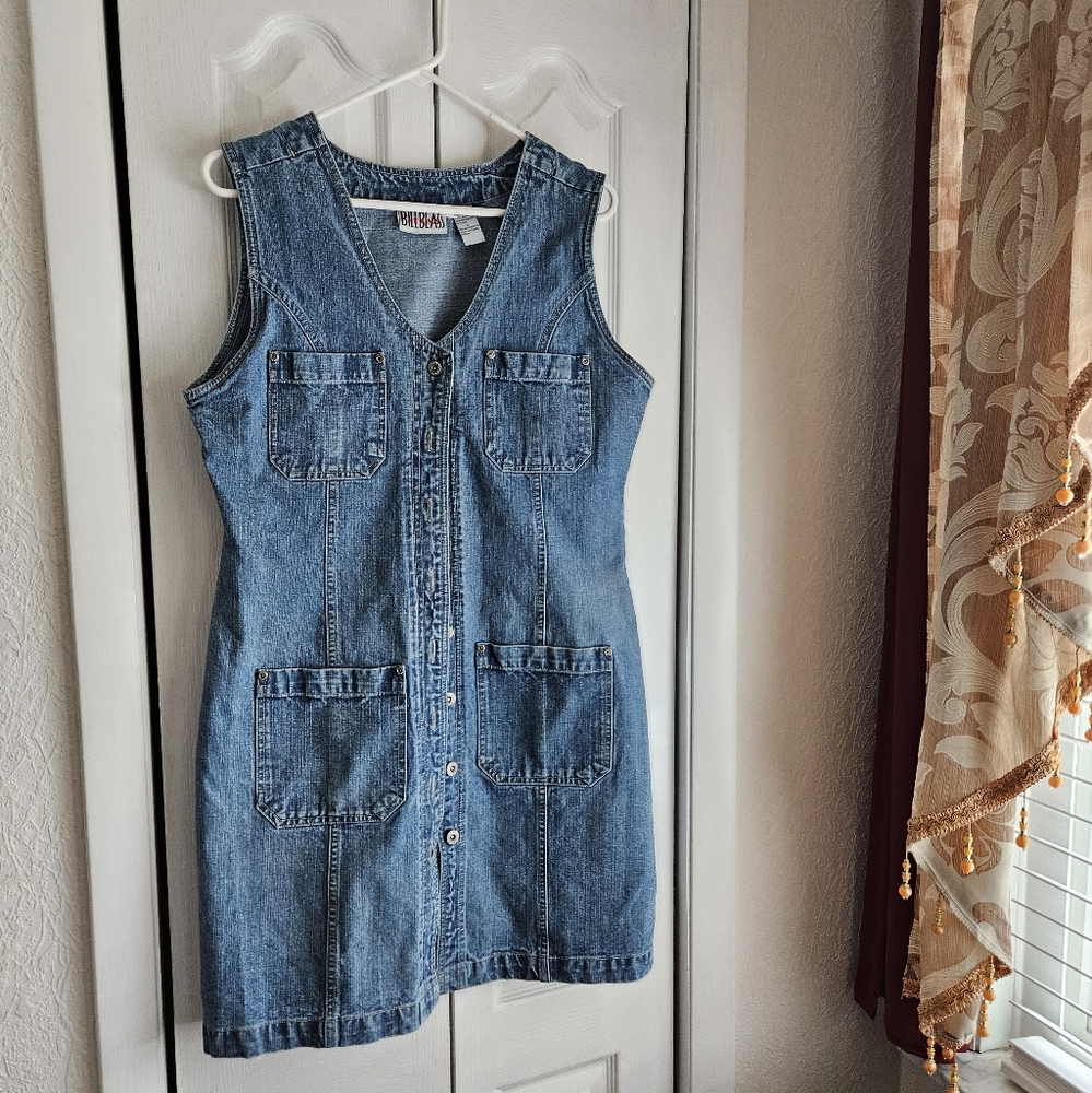 Denim Button-Front Sleeveless Dress - Blue